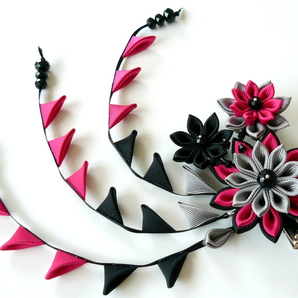 Kanzashi fabric flowers bridal hair clip with falls. Black, grey and fushia.