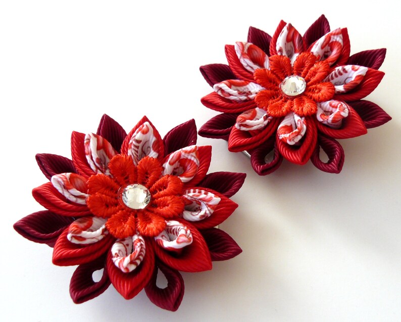 Kanzashi Fabric Flowers Set Of 2 Hair Clips Red Hair Clips Etsy