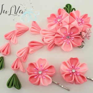 Kanzashi flower hair clip,Pink kanzashi flowers,Japanese pink hair piece,Hair clip with pink flowers,Cherry blossom flower hair piece image 1