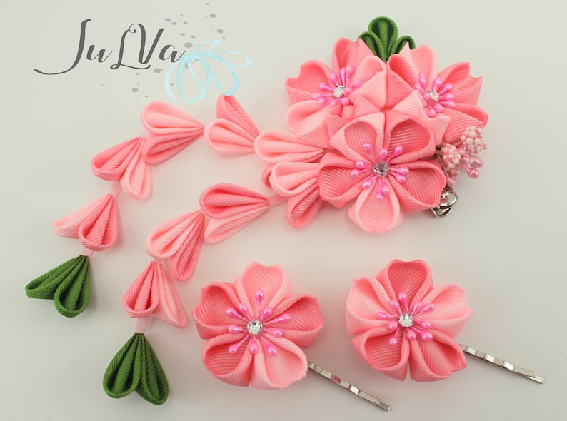 Kanzashi flower hair clip,Pink kanzashi flowers,Japanese pink hair piece,Hair clip with pink flowers,Cherry blossom flower hair piece image 1