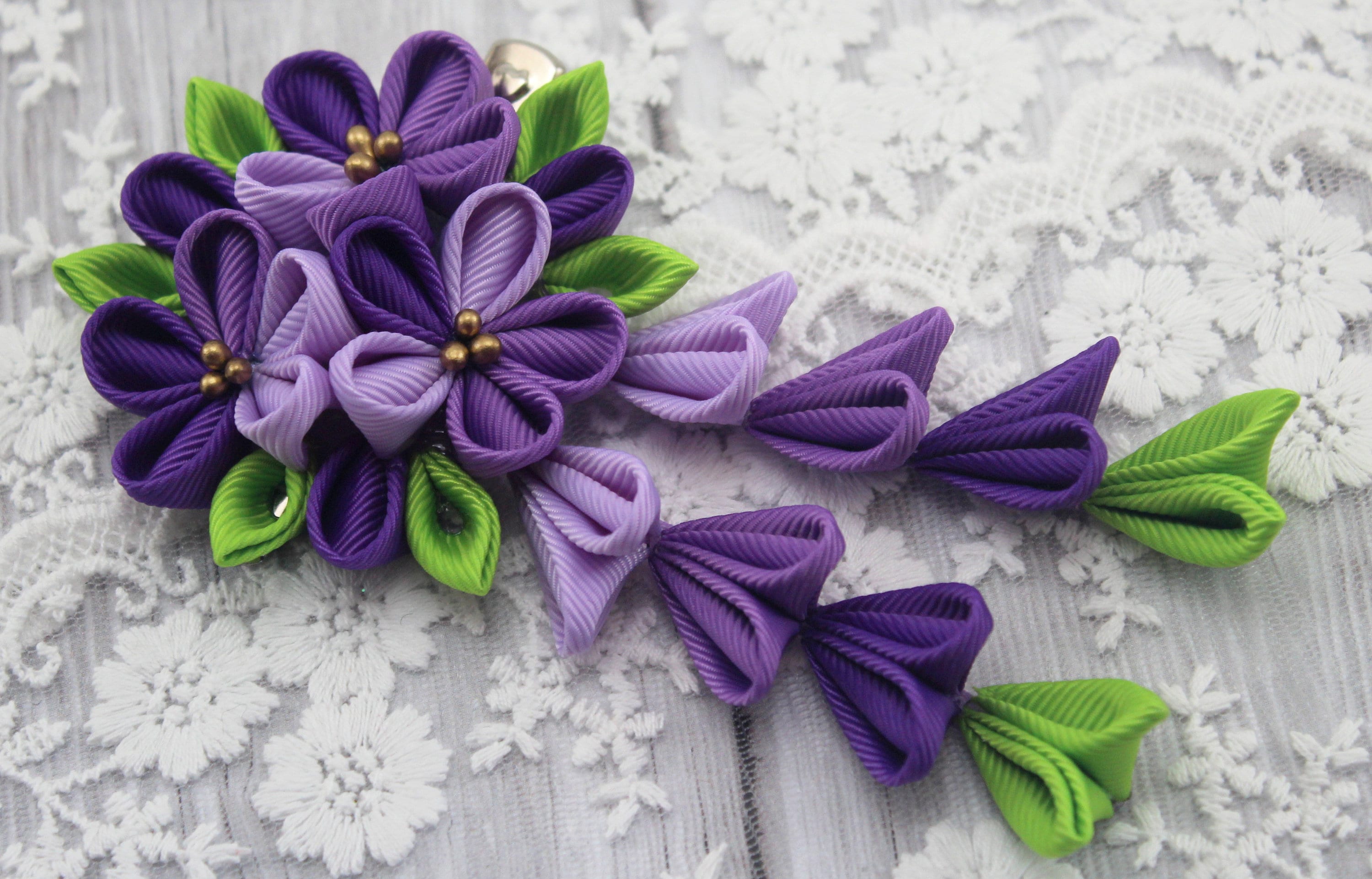 Purple Kanzashi Flower Hair Clip: Japanese Grosgrain Ribbon