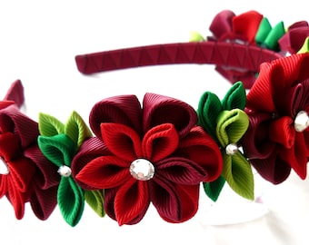 Red Kanzashi Flower Headband: Grosgrain Ribbon Floral Headpiece