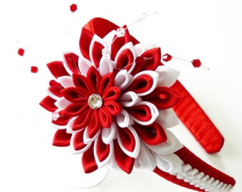 Kanzashi Fabric Flower headband.  Red and white.