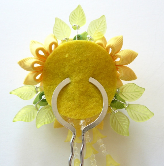 Elegant Glass Floral Bridal Hair Fork – Yellow Blossom U-Shaped Kanzashi new Yellow Kanzashi Flower Hair Fork: Japanese Hair Pin - Etsy main image 4