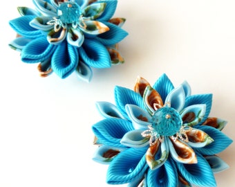 Kanzashi fabric flowers. Set of 2 hair clips. Turquoise.