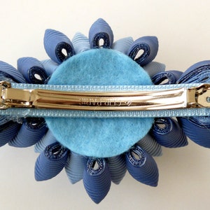 Kanzashi fabric flower french barrette. Blue and white. image 5