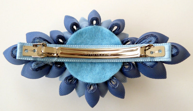 Kanzashi fabric flower french barrette. Blue and white. image 5