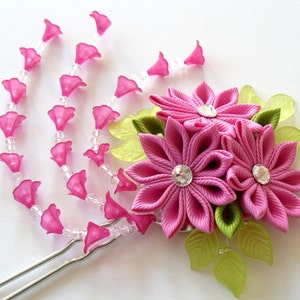 Pink Kanzashi fabric flower hair fork. Pink kanzashi flower hair U pin. Japanese hair fork. Kanzashi hair stick. Oriental hair pin.