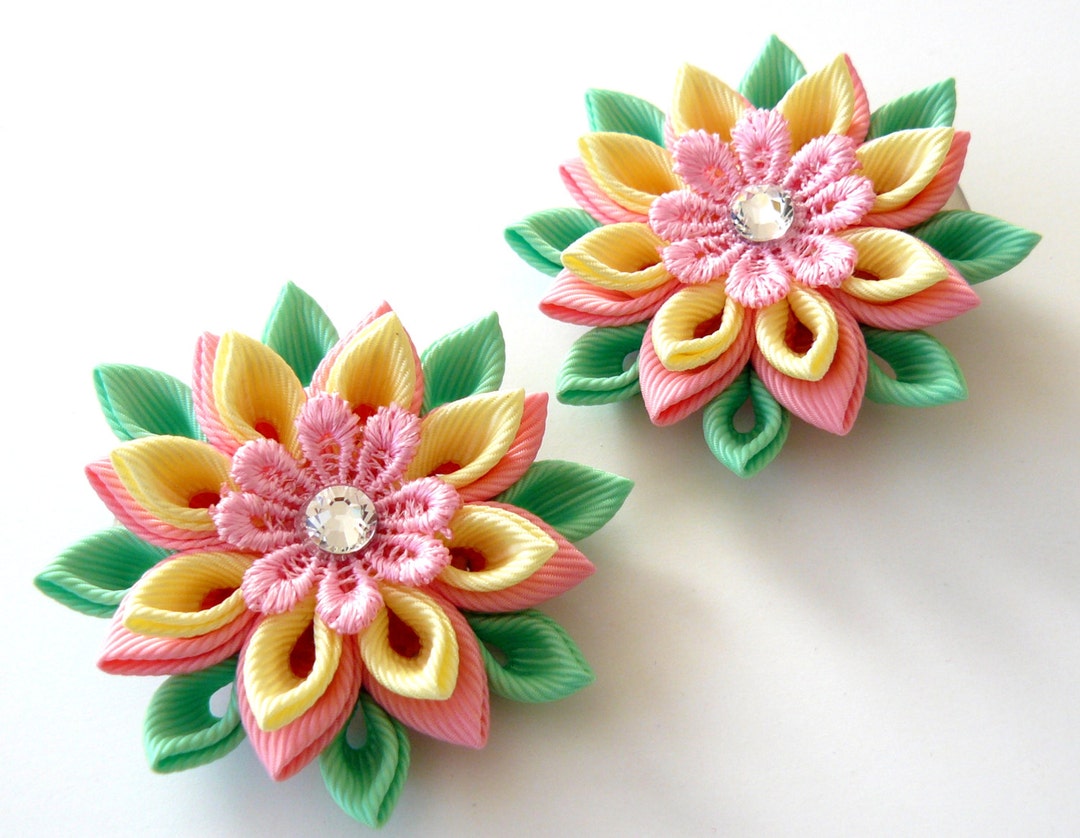 Kanzashi Fabric Flowers. Set of 2 Hair Clips. Pink. Yellow and - Etsy