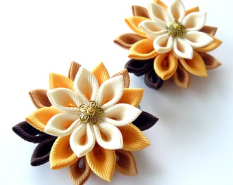 Kanzashi  Fabric Flowers. Set of 2 hair clips. Ivory, brown and lt.gold.
