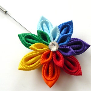 LGTB pride boutonniere. Rainbow kanzashi flower lapel pin. Boutonniere lapel pin. Rainbow flower boutonniere. Mens lapel pin.Gay Pride Pin image 3