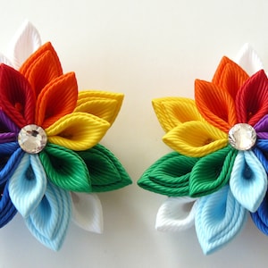 Kanzashi  Fabric Flowers. Set of 2 hair clips. Rainbow hair clips. Girls hair clips. Rainbow flowers. Rainbow hair piece