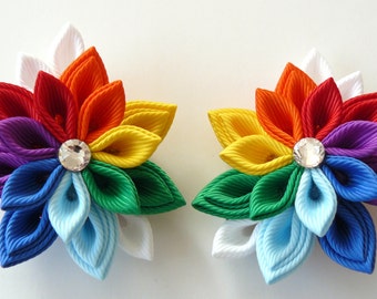 Kanzashi  Fabric Flowers. Set of 2 hair clips. Rainbow hair clips. Girls hair clips. Rainbow flowers. Rainbow hair piece