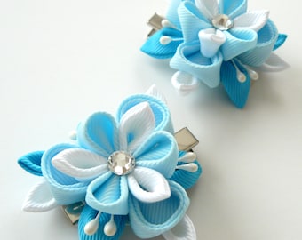 Kanzashi  Fabric Flowers. Set of 2 hair clips. Lt. blue, turquoise and white.