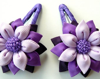 Kanzashi fabric flowers. Set of 2 hair snap clips. Plum, purple and orchid.