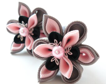 Kanzashi fabric flowers. Set of 2 ponytails . Grey, lt. pink and black.