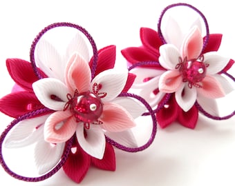Kanzashi fabric flowers. Set of 2 ponytails . Pink and white.