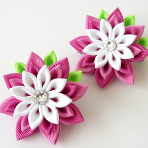 Kanzashi  Fabric Flowers. Set of 2 hair clips. Pink and white hair clips. Girl&#39;s hair clips. Kanzashi hair clips. Pink girl&#39;s hair clips.