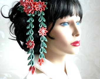 Kanzashi Fabric Flower hair comb with falls.