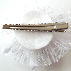 Christmas Snowflake Kanzashi fabric flower hair clip. White and silver. image 3