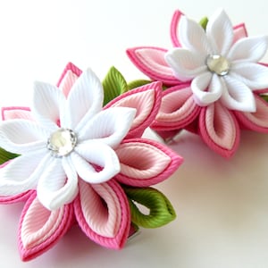 Kanzashi  Fabric Flowers. Set of 2 hair clips. Pink and white.