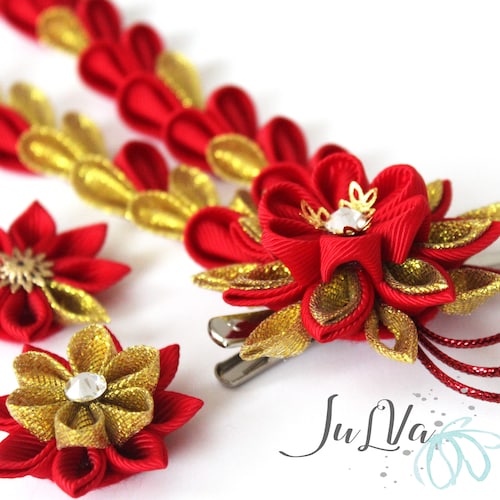 Gold and Red Cherry Blossom Fabric Flowers Hair Clip Perfect Etsy