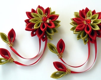 Kanzashi  Fabric Flowers. Set of 2 hair clips. Red and gold kanzashi hair clips. Japanese flowers for hair. Red gold hair piece.