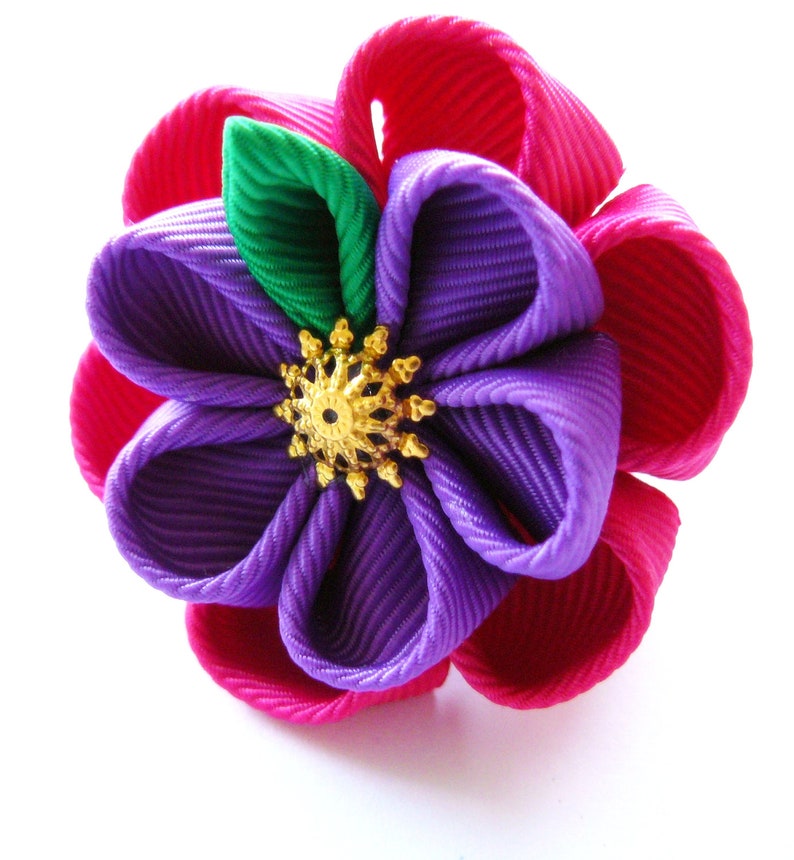 Kanzashi Fabric Flowers. Set of 5 Pieces. Fushia and Purple. Etsy