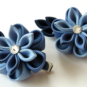 Kanzashi  Fabric Flowers. Set of 2 hair clips. Shades of blue. Blue kanzashi flowers. Blue girl hair clips.