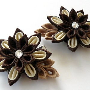Kanzashi Fabric Flower Hair Clips: Brown Japanese Hair Accessories (Set of 2)