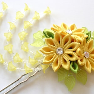 Yellow Kanzashi fabric flower hair fork.  Yellow kanzashi flower hair U pin. Japanese hair fork. Kanzashi hair stick. Oriental hair pin.