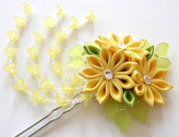 Yellow Kanzashi Flower Hair Fork: Japanese Hair Pin - Etsy display picture 2