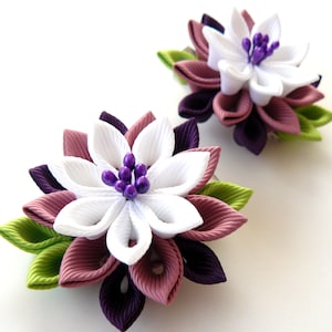 Kanzashi  Fabric Flowers. Set of 2 hair clips. Pink, plum and white.