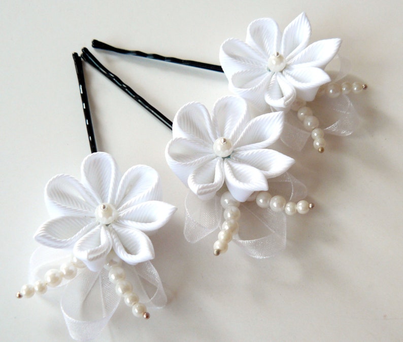 White Kanzashi Flower Hair Pins for Bride Wedding Hair Etsy