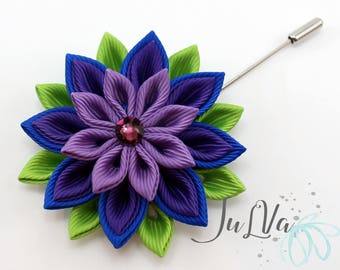 Blue and Purple Mens Flower Lapel Pin-Kanzashi flower lapel pin-Purple floral lapel pin-Boutonniere Lapel Pin-Handmade Wedding Boutonniere