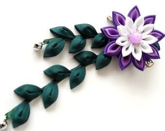 Kanzashi Fabric Flower hair clip with falls.  Purple, white and green.