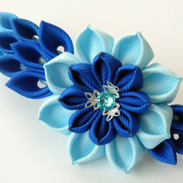 Kanzashi fabric flower french barrette. Floral french clip. Blue flower barrette. Handmade blue french barrette. Blue kanzashi barrette.