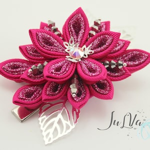 Dark pink flower hair clip,Pink kanzashi,Pink kanzashi flower hair clip,Japanese hair piece,Oriental hair clip