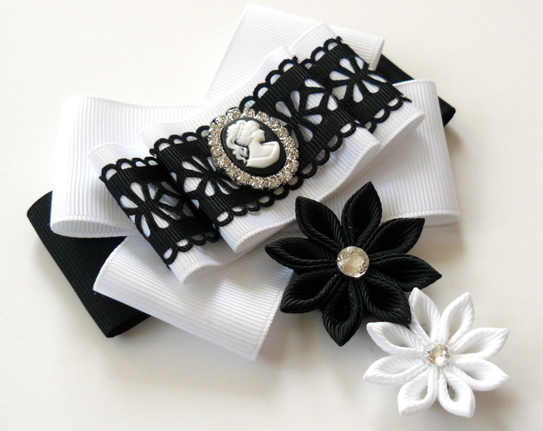 Ladies Fabric Pin Brooch Tie. Black and White Bow Brooch Tie. - Etsy