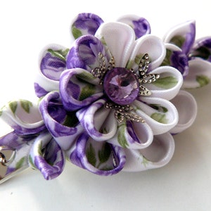 Kanzashi fabric flower hair clip. Violet and white.