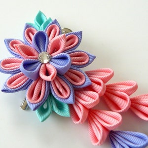 Kanzashi Fabric Flower hair clip with falls. Pink and iris fabric flower. Pink flower hair clip. Pink  japanese hair clip.