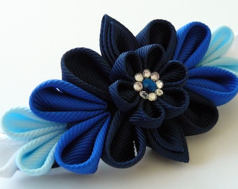 Kanzashi fabric flower french barrette.  Blue kanzashi barrette. Blue flower barrette. Shades of blue.