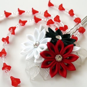 Kanzashi fabric flower hair fork.  Kanzashi flower hair U pin. Japanese hair fork. Kanzashi hair stick. Oriental hair pin. Red, white, black