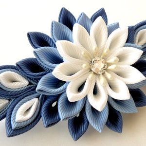 Kanzashi fabric flower french barrette. Blue and white. image 1