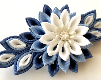 Kanzashi fabric flower french barrette.  Blue and white.