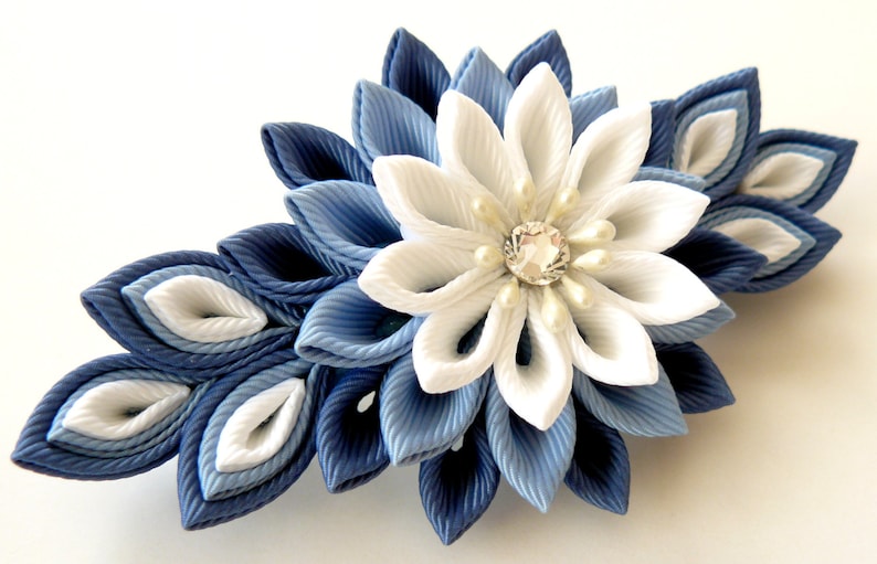 Kanzashi fabric flower french barrette. Blue and white. image 1