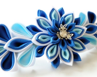 Kanzashi fabric flower french barrette.  Blue and white.