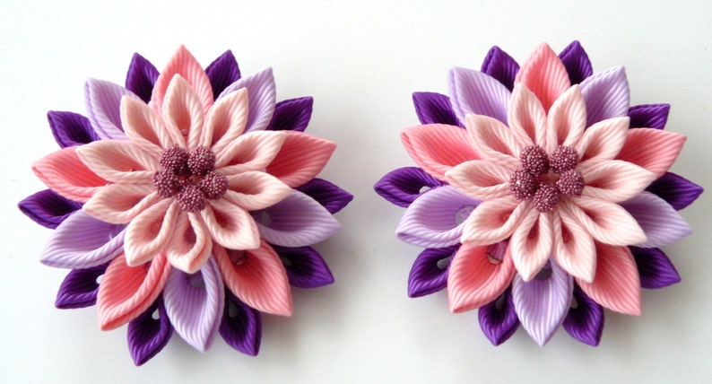 purple hair clips Girls hair clips. Pink Set of 2 hair clips Kanzashi Fabric Flowers