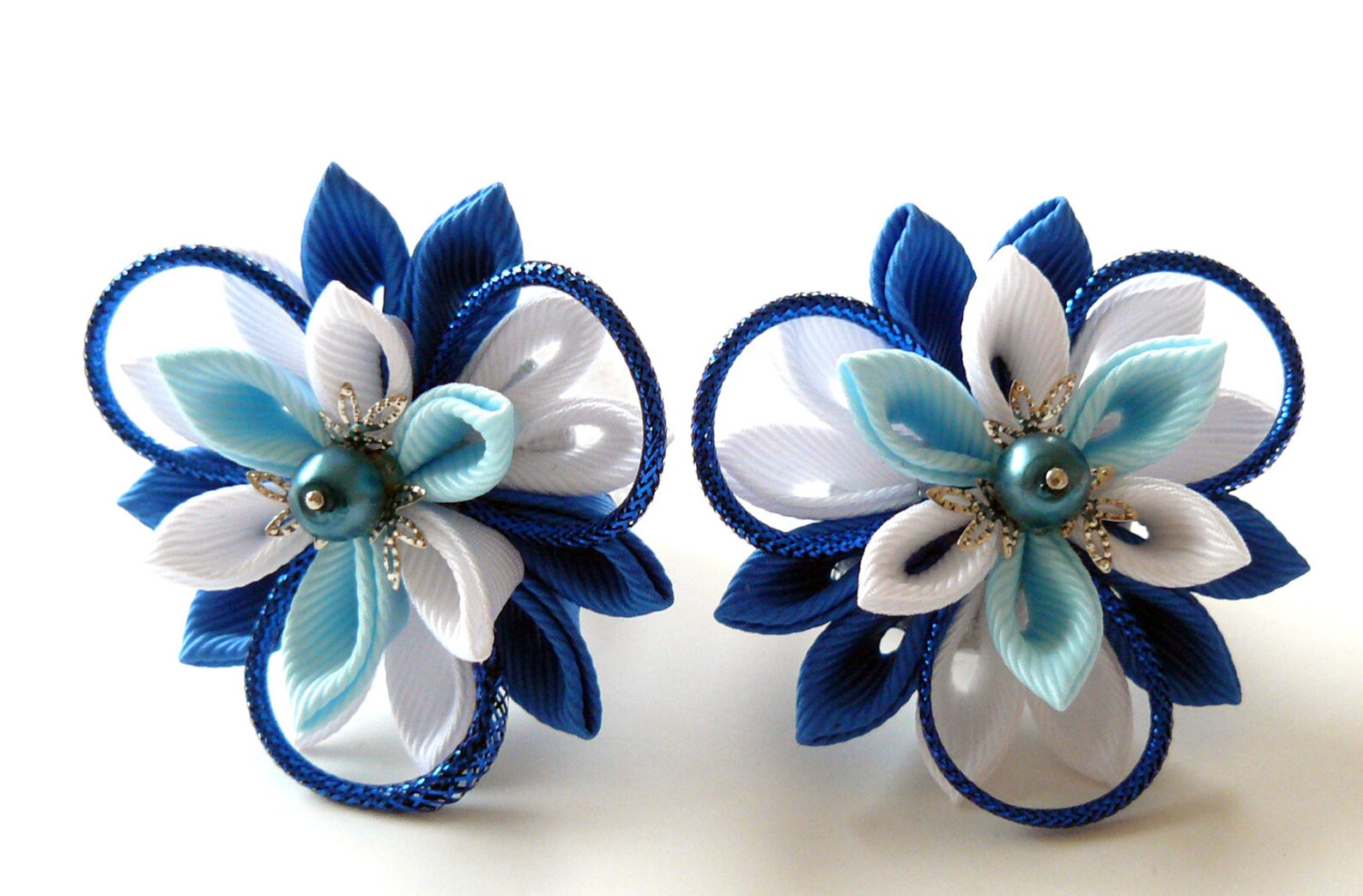 Kanzashi Fabric Flowers. Set of 2 Ponytails . Blue and White. Etsy