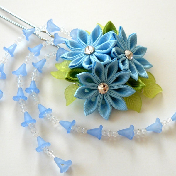 Light blue Kanzashi fabric flower hair fork.  Blue kanzashi flower hair U pin. Japanese hair fork. Kanzashi hair stick. Oriental hair pin.